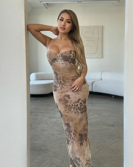 Mingmingxi Summer Spaghetti Strap Leopard Printing Dress Elegant Vintage Bodycon Mesh Birthday Wedding Guest Party Dress Long
