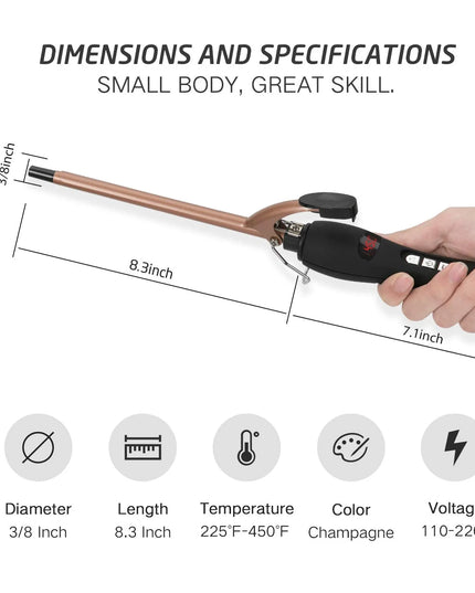9Mm Thin Curling Iron Ceramic, 3/8 Inch Small Barrel Hair Curling Wand for Long & Short Hair, LCD Display with 9 Heat Setting Include Glove(Golden)
