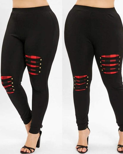 Leggings for Women plus Size Plaid Patchwork High Waist Skinny Stretchy Casual Work Pants (Black, XL)