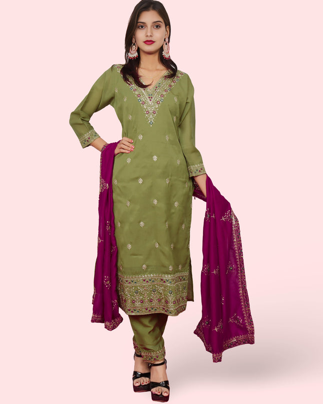 Woman Straight Suit Set with Pant-Dupatta-0
