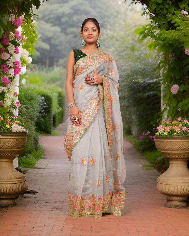 Designer Saree with Zari Thread Work & Embroidery by Shreekama-0