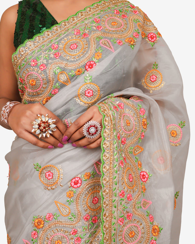 Designer Saree with Zari Thread Work & Embroidery by Shreekama-3