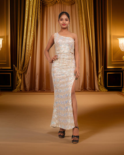 Starry Elegance Cream Sequins Maxi Dress by Shreekama-0