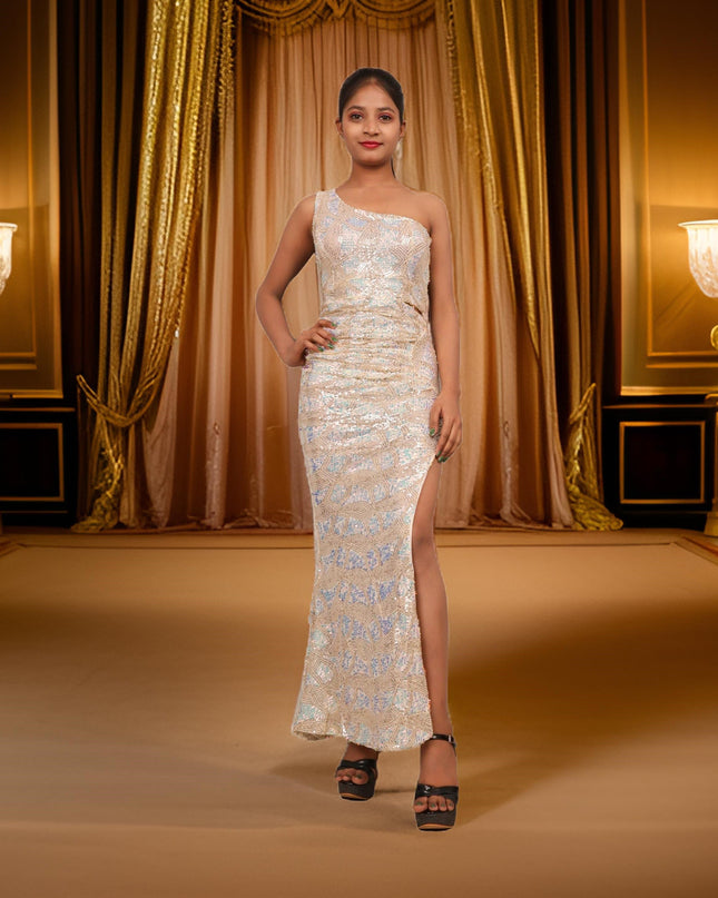 Starry Elegance Cream Sequins Maxi Dress by Shreekama-0