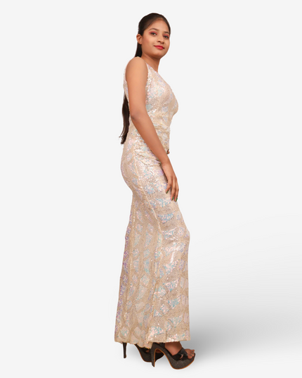 Starry Elegance Cream Sequins Maxi Dress by Shreekama-1