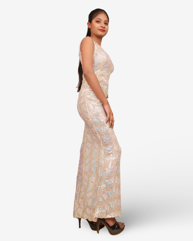 Starry Elegance Cream Sequins Maxi Dress by Shreekama-1