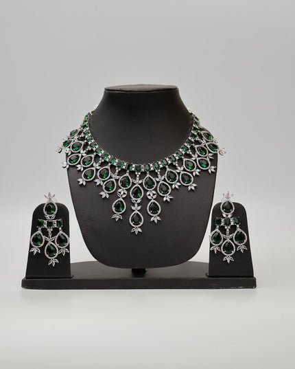 Green Stones Reverse AD Necklace Set with Earings-0