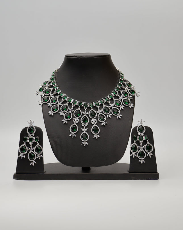 Green Stones Reverse AD Necklace Set with Earings-0