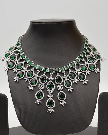 Green Stones Reverse AD Necklace Set with Earings-1