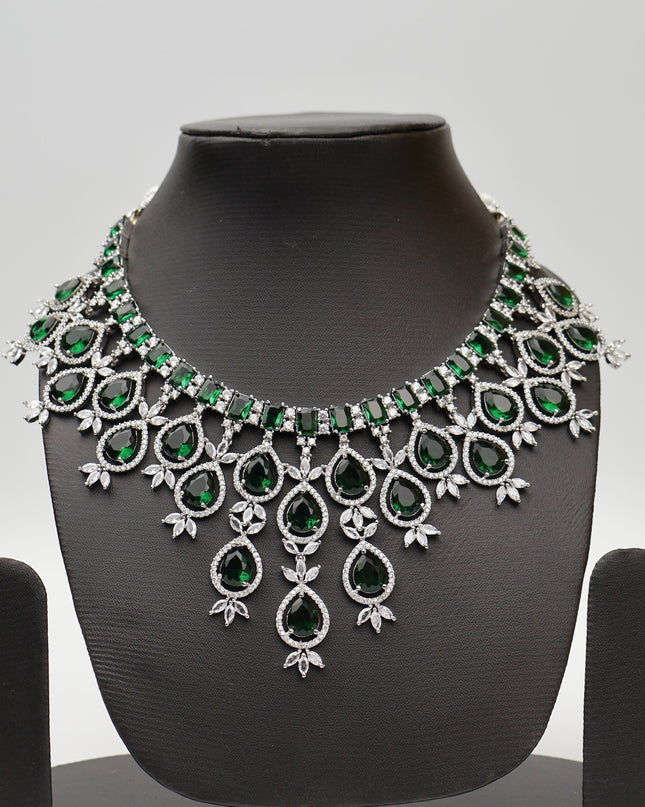 Green Stones Reverse AD Necklace Set with Earings-1