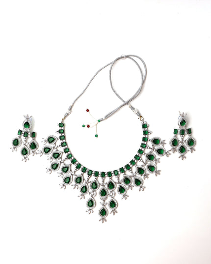 Green Stones Reverse AD Necklace Set with Earings-3