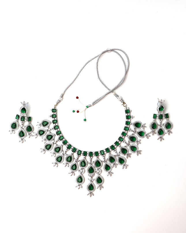 Green Stones Reverse AD Necklace Set with Earings-3