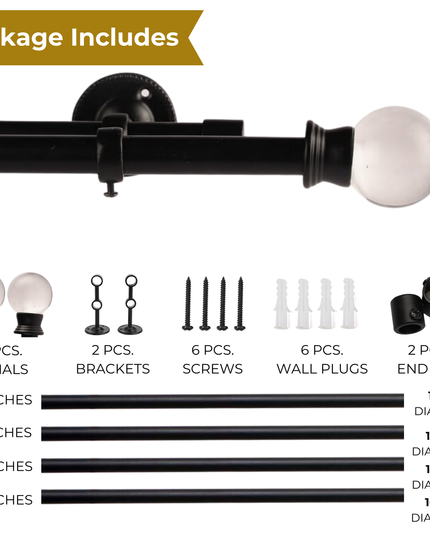 Black Extendable Double Curtain Pole with Elegant Crystal Ball Finials-4