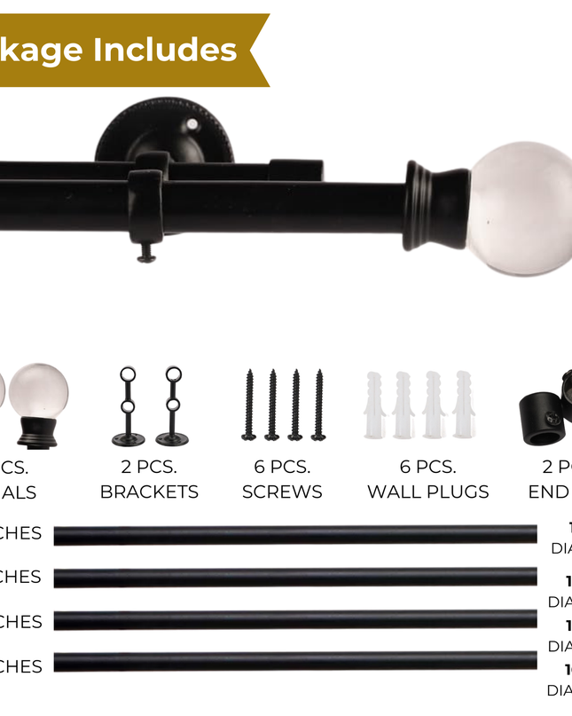 Black Extendable Double Curtain Pole with Elegant Crystal Ball Finials-4
