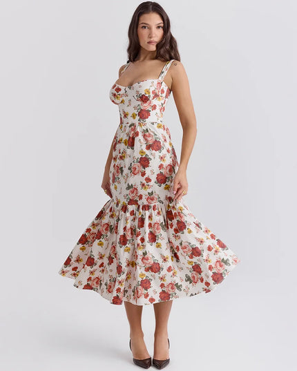 Mingmingxi Summer Elegant Holiday Dress 2024 Causal Ruffle Hems Fit and Flare Dress with Pocket Mid Length Floral Print Dress