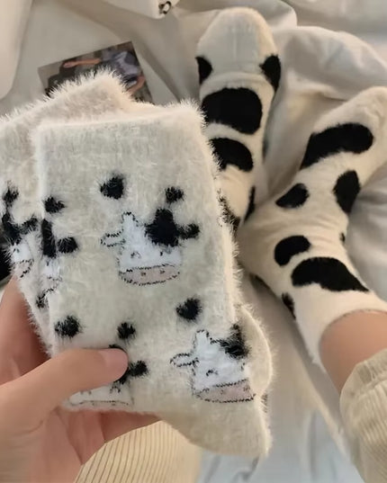 2 Pairs Cute Cow Spots Print Socks, Thickened & Warm Coral Fleece Socks, Women'S Stockings & Hosiery
