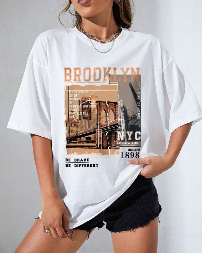 INAWLY Street View and Slogan Graphic Drop Shoulder Tee MAKE YOUR OWN WAY GROWING up FAST BUILDING without LIMITS a PLACE in the CITY to CALL HOME CITY of HOMES NYC FOLLOW YOUR DREAMS 1898 the Brooklyn Bridge Is a Famous Sight in New York BE BRAVE BE DIFFERENT Graphic Tees Women Tops