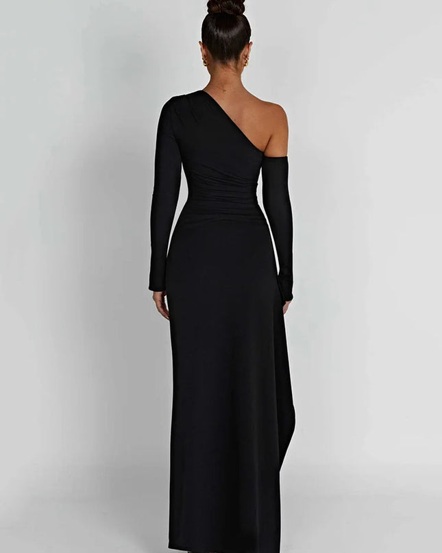 Oblique Shoulder Thigh High Split Maxi Dress Women Long Sleeve Backless Bodycon Sexy Club Party Long Dress Vestidos