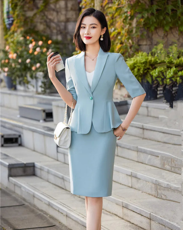 Purple Summer Skirt Suit Set for Women Short Sleeve Ruffle Hem Blazer&Midi Skirt Office Ladies 2 Pieces Work Wear Fashion Suits