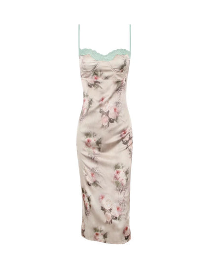 Spaghetti Strap Lace Print Midi Dress for Women Robe Strapless Backless High Waist Bodycon Club Party Long Dress