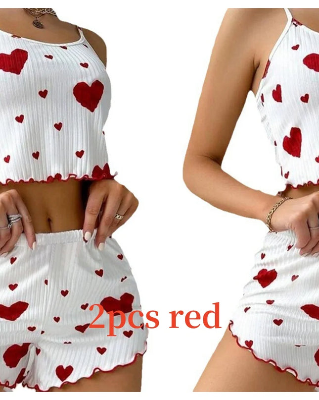 Women'S Pajamas Set Sleepwear 2 PCS Short Tank Tops and Shorts S M L White Ventilate Soft Casual Love Printing