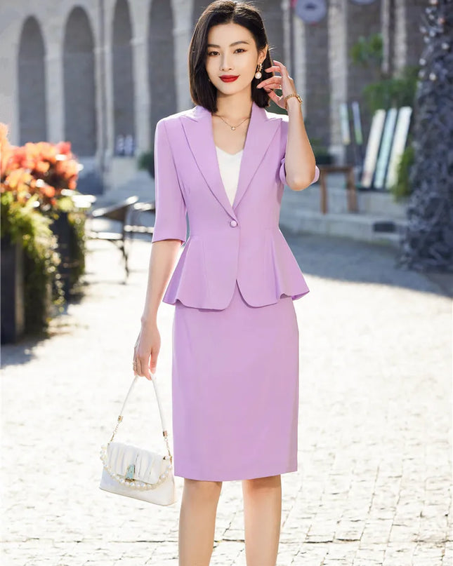 Purple Summer Skirt Suit Set for Women Short Sleeve Ruffle Hem Blazer&Midi Skirt Office Ladies 2 Pieces Work Wear Fashion Suits