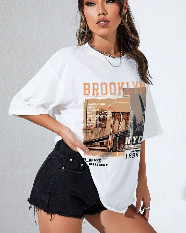 INAWLY Street View and Slogan Graphic Drop Shoulder Tee MAKE YOUR OWN WAY GROWING up FAST BUILDING without LIMITS a PLACE in the CITY to CALL HOME CITY of HOMES NYC FOLLOW YOUR DREAMS 1898 the Brooklyn Bridge Is a Famous Sight in New York BE BRAVE BE DIFFERENT Graphic Tees Women Tops
