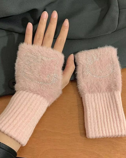 Hello Kitty Half Finger Gloves for Women Fashion Winter Warm Soft Knitting Gloves Casual Cartoon Fingerless Mitten Gifts