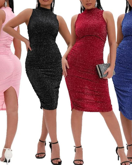 Women Sexy Bodycon Party Dresses Ruched Summer Sleeveless Sequin Clubwear Short Midi Dress