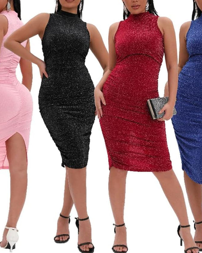 Women Sexy Bodycon Party Dresses Ruched Summer Sleeveless Sequin Clubwear Short Midi Dress