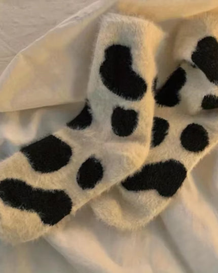 2 Pairs Cute Cow Spots Print Socks, Thickened & Warm Coral Fleece Socks, Women'S Stockings & Hosiery