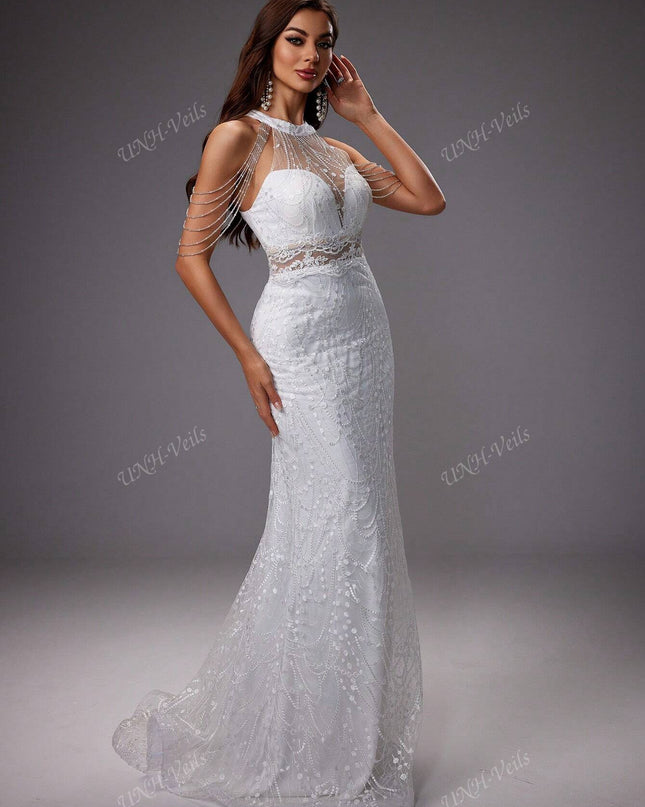 UNITHORSE Elegant, Gorgeous and Romantic, White Color, Off-Shoulder Sleeveless, Mermaid Tail Design, See-Through Elastic Lace Breast Cup, Chain Decor Embroidery Mesh Wedding Dress Gown, All White Party Outfit Women