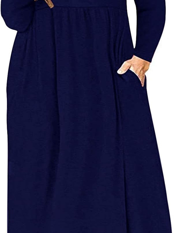 Women'S Plain plus Size Long Sleeve Loose Curvy Long Maxi Dresses with Pocket (24W,Navy Blue)