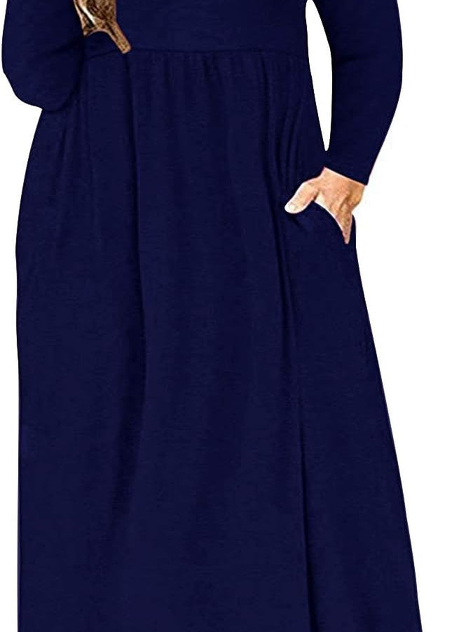 Women'S Plain plus Size Long Sleeve Loose Curvy Long Maxi Dresses with Pocket (24W,Navy Blue)