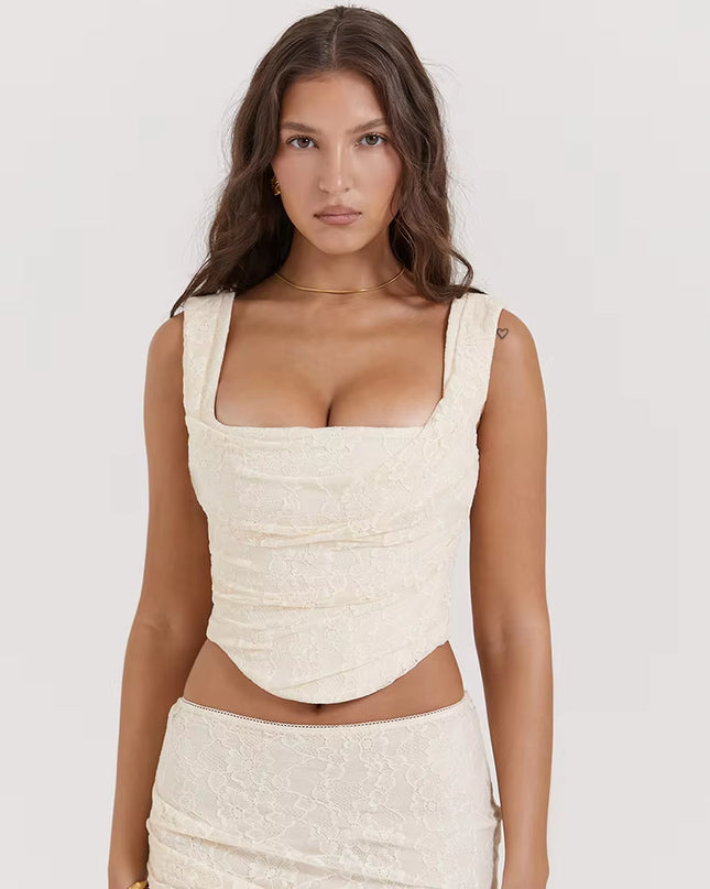 Summer Cropped Top Women 2024 New Arrivals Beige Elegant Lace up Corset Top Sexy Short Causal Female Blouse