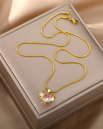 Bohemia Pink Cubic Zirconia Necklace for Women Stainless Steel Heart Wings Pendant Necklaces Crystal Choker Couple Jewerly Gift