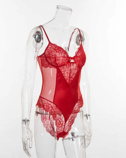 Women Naughty Jumpsuit Sexy Lingerie Lace Bodysuit Sleeveless Backless Porn Underwear Bow Red Mesh See through Teddy Babydoll