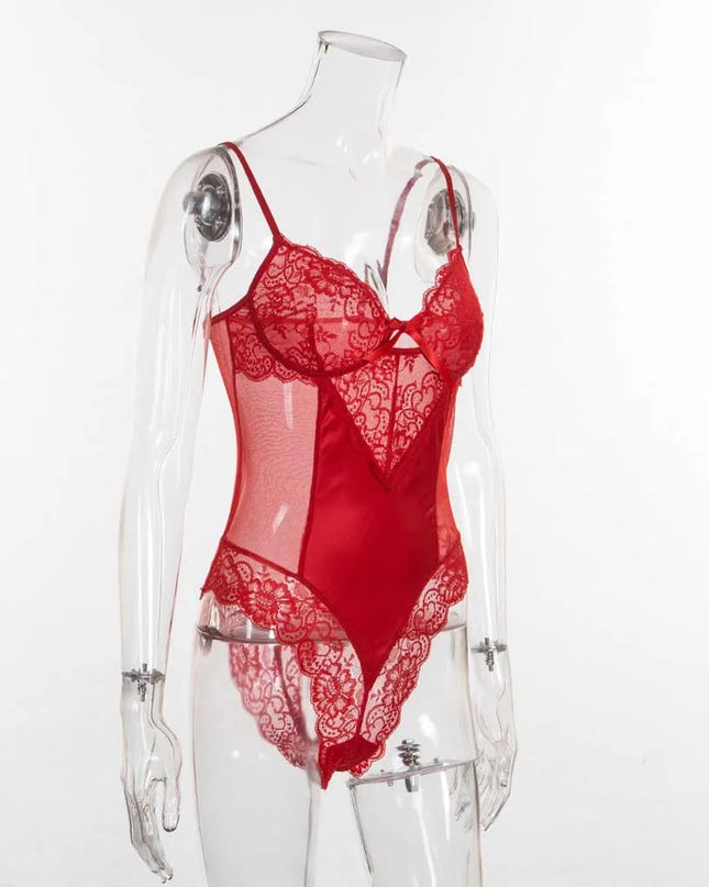 Women Naughty Jumpsuit Sexy Lingerie Lace Bodysuit Sleeveless Backless Porn Underwear Bow Red Mesh See through Teddy Babydoll