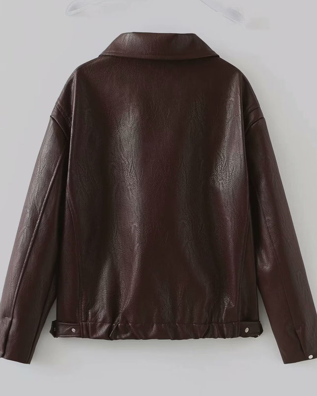 Solid Color Lapel Zipper Jacket Fashion Casual Long Sleeve Leather Coat Tops Women Clothing