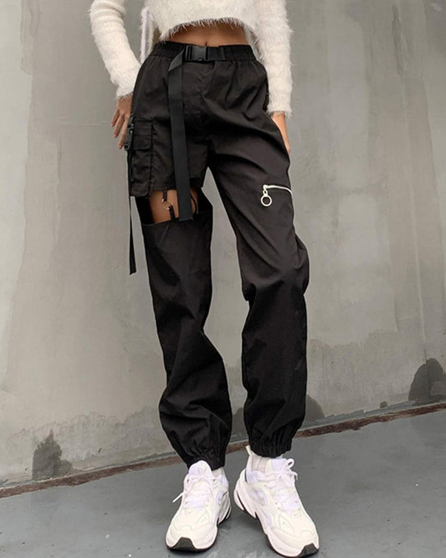 Womens High Waisted Cargo Pants Hollow Punk Pants Pockets Casual Loose Combat Twill Trousers with Belt (Black, L)