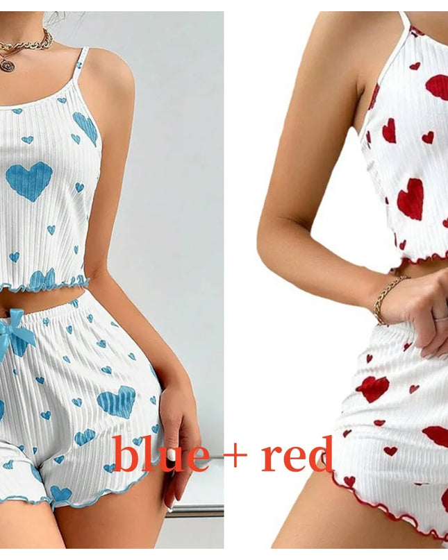 Women'S Pajamas Set Sleepwear 2 PCS Short Tank Tops and Shorts S M L White Ventilate Soft Casual Love Printing