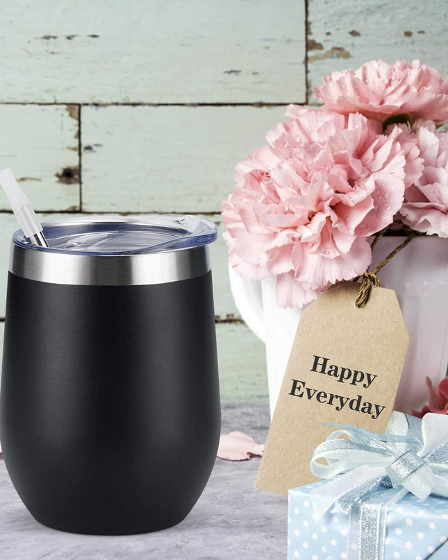 Stainless Steel Wine Tumbler 12Oz, Double Wall Vacuum Insulated Wine Tumbler with Lid and Straw, Stainless Steel Stemless Wine Glass for Wine, Coffee, Cocktails, Champaign, Ice Cream, Black
