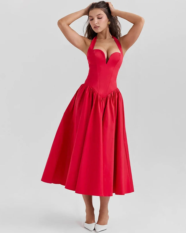 Summer Fit and Flare Halter Dress 2024 Red Elegant Bodycon Party Dresses Sexy Long Casual Dress Women'S Clothing