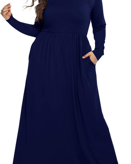 Women'S Plain plus Size Long Sleeve Loose Curvy Long Maxi Dresses with Pocket (24W,Navy Blue)