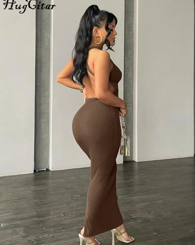 Ribbed Solid Hollow Out Backless Sleeveless Sexy Slit Mini Dress Bodycon 2025 Spring Women Outfits Elegant Party Y2K