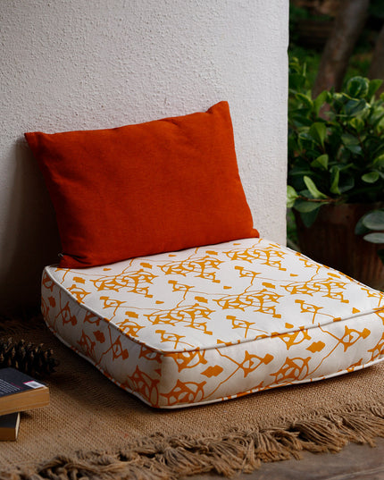 Large Patterned Floor Cushion (20x20") - Moroccan Inspired - Cream with Yellow Design - 100% Cotton - Eco-Friendly-0