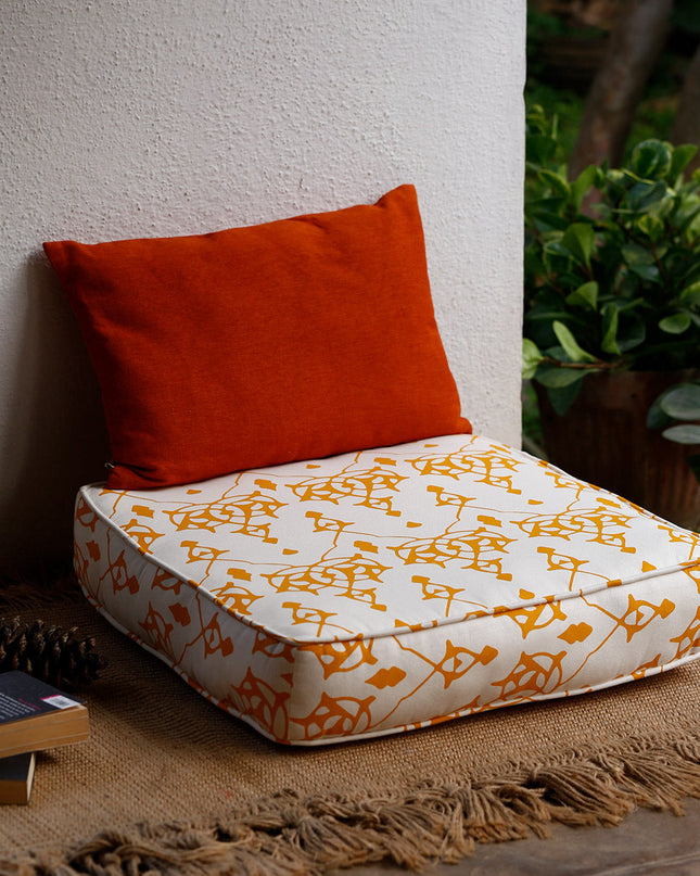 Large Patterned Floor Cushion (20x20") - Moroccan Inspired - Cream with Yellow Design - 100% Cotton - Eco-Friendly-0