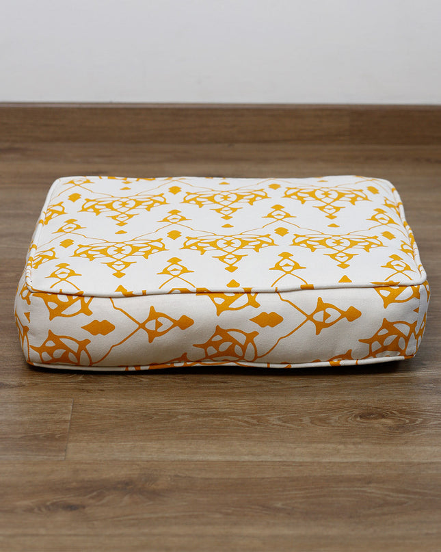 Large Patterned Floor Cushion (20x20") - Moroccan Inspired - Cream with Yellow Design - 100% Cotton - Eco-Friendly-1