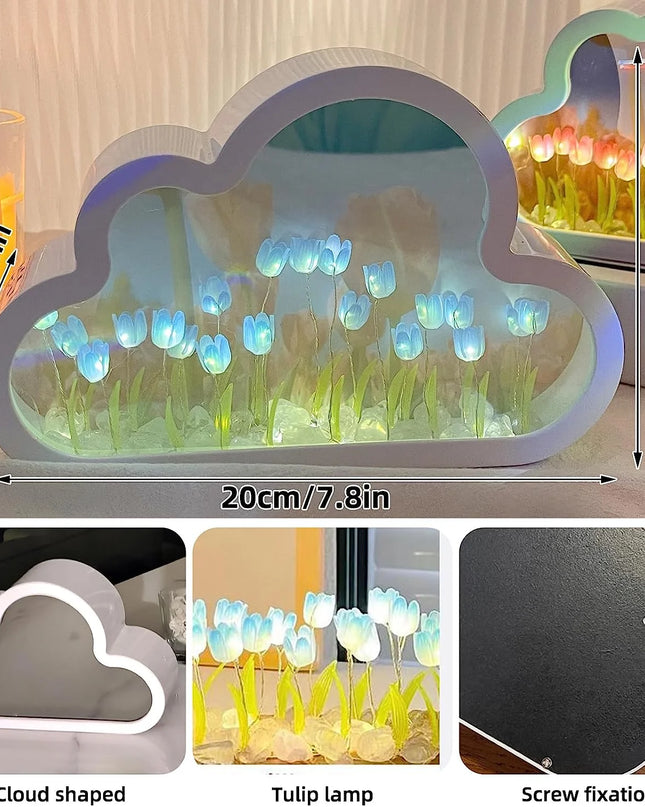 Tulip Lamp Tulip Mirror Night Light,  Tulip Cloud Desk Lamp - LED Living Room Bedside Desktop Ornaments,Night Light for Bedroom (Blue)