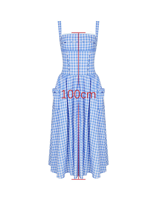 Summer Elegant and Beautiful Women Dresses 2024 Midi Blue and White Plaid Dress with Pocket Female Vacation Dress